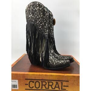Corral Lamb Overlay Embroidery Fringe Western Boots Womens 8 White Black NEW NIB